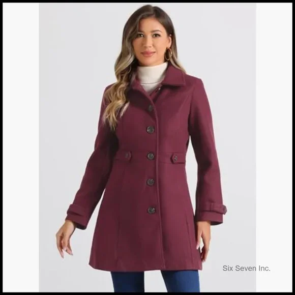 Polyester Pea Coat with Pockets, Fully Lined Overcoat for Winter